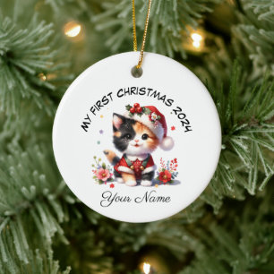 Adorno De Cerámica Santa Calico Kitten personalizada Primera Navidad