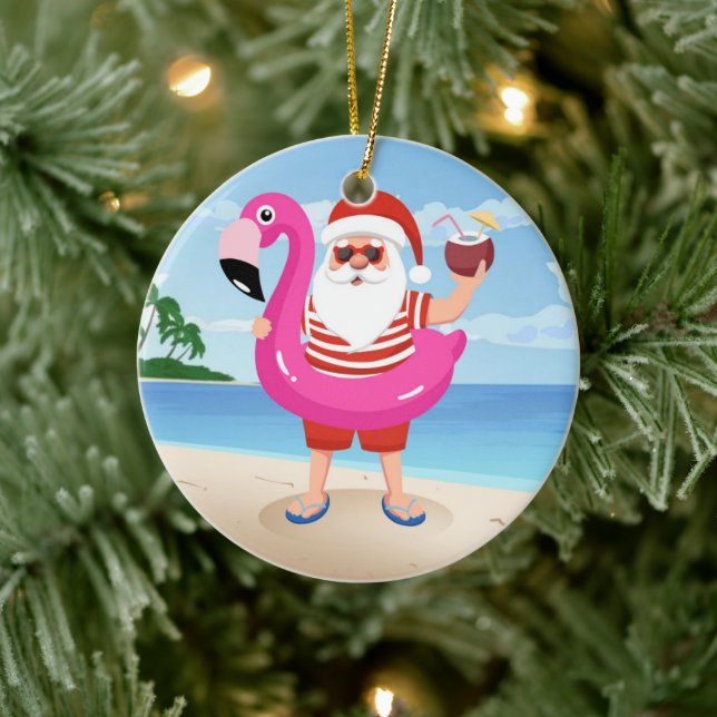 Adorno De Cerámica Santa Claus con anillo inflable de flamingo (Árbol)