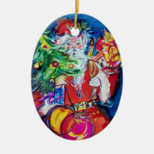 ADORNO DE CERÁMICA SANTA CLAUS CON ÁRBOL DE NAVIDAD Y REGALOS DE ROBO