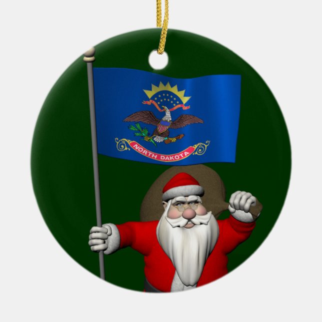 Adorno De Cerámica Santa Claus Con Bandera De Dakota Del Norte (Frente)