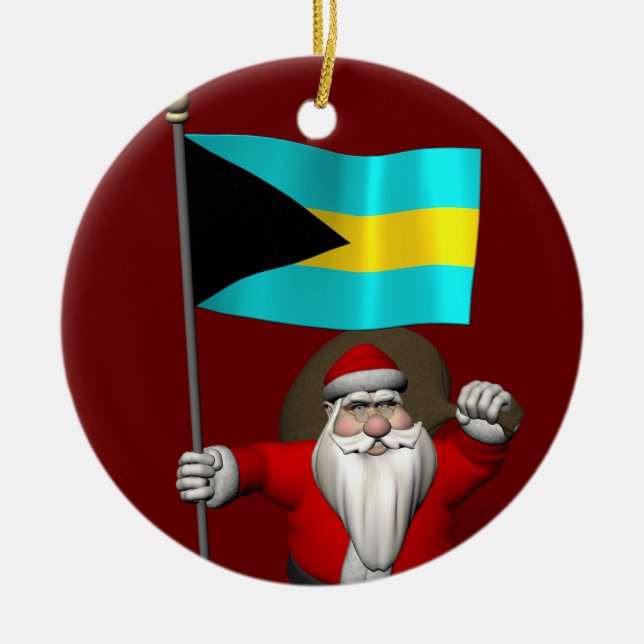 Adorno De Cerámica Santa Claus Con Bandera De Las Bahamas (Frente)