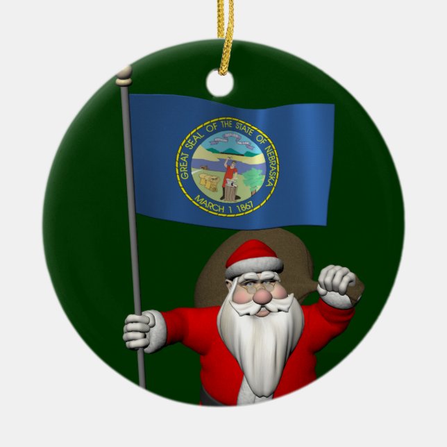 Adorno De Cerámica Santa Claus Con Bandera De Nebraska (Frente)