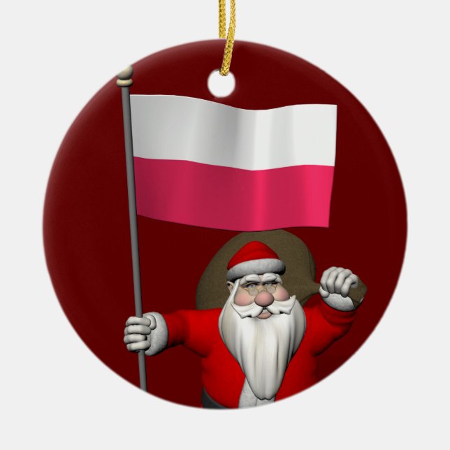 Adorno De Cerámica Santa Claus Con Bandera De Polonia (Frente)