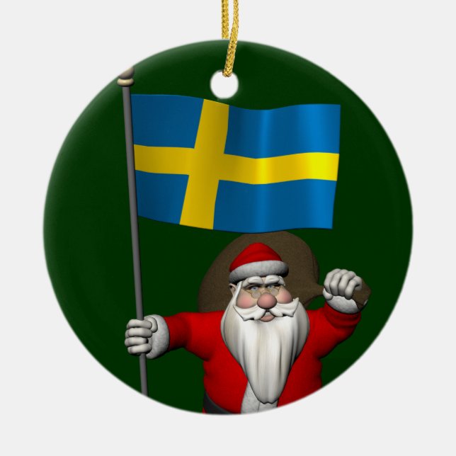 Adorno De Cerámica Santa Claus Con Bandera De Suecia (Frente)