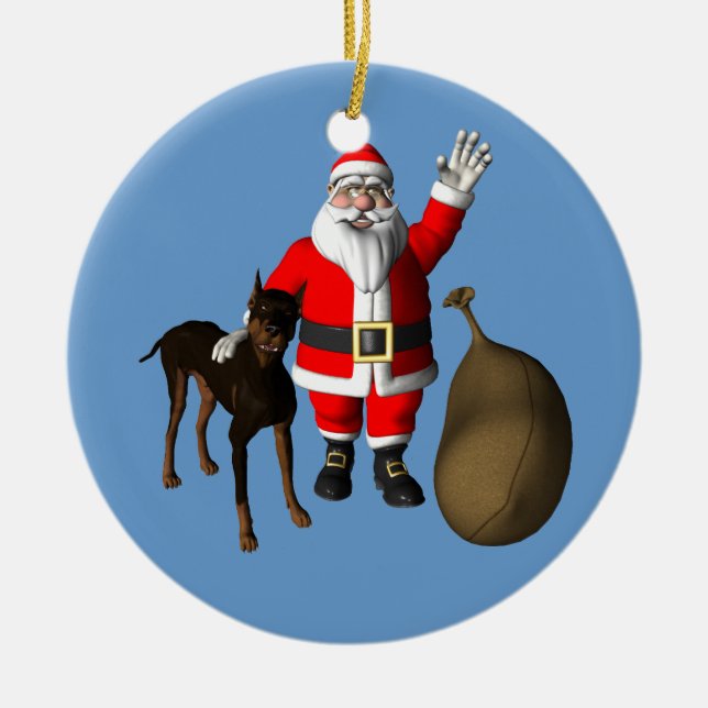 Adorno De Cerámica Santa Claus con Doberman Pinscher (Frente)