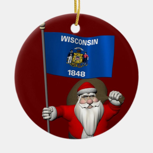 Adorno De Cerámica Santa Claus Con El Firme De Wisconsin (Frente)