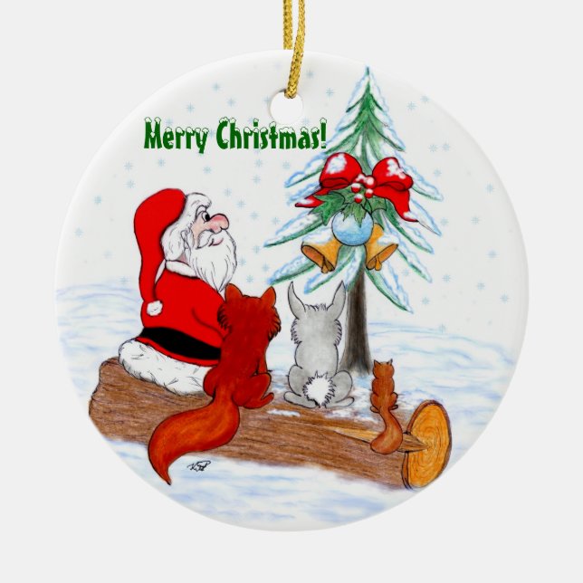 Adorno De Cerámica Santa Claus con Fox de Conejo y Squirrel (Frente)