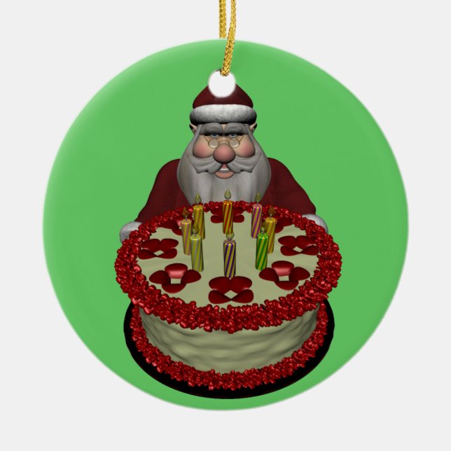 Adorno De Cerámica Santa Claus con pastel de cumpleaños (Frente)