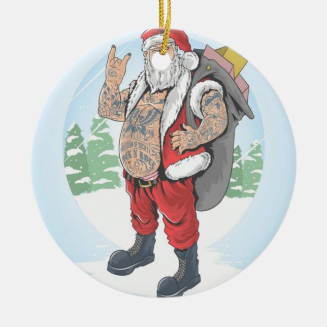 ADORNO DE CERÁMICA SANTA CLAUS DE TATTOOED LLEVA UNA BOLSA DE REGALO (Frente)