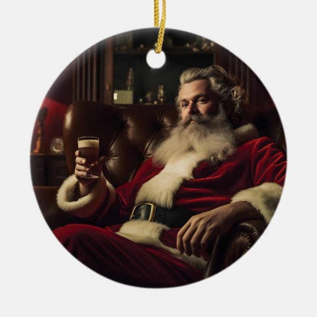 Adorno De Cerámica Santa Claus disfruta de una bebida festiva (Frente)