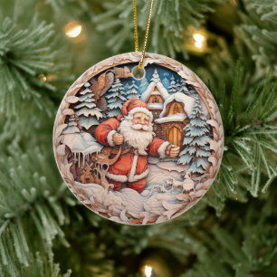 Adorno De Cerámica Santa Claus en relieve con bolsa en el hombro en i