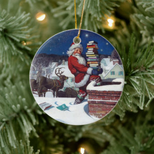 Adorno De Cerámica Santa Claus entrega libros a Navidades