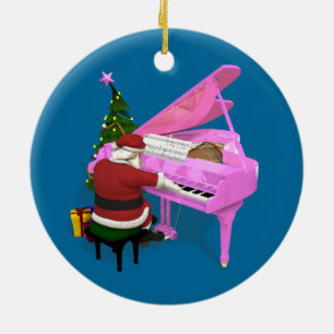 Adorno De Cerámica Santa Claus juega al piano rosado
