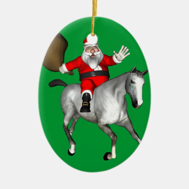 Adorno De Cerámica Santa Claus montando un caballo gris (Frente)