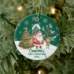 Adorno De Cerámica Santa Claus Nieve Árboles Primera Navidad