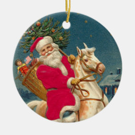 Adorno De Cerámica Santa Claus on a wooden horse