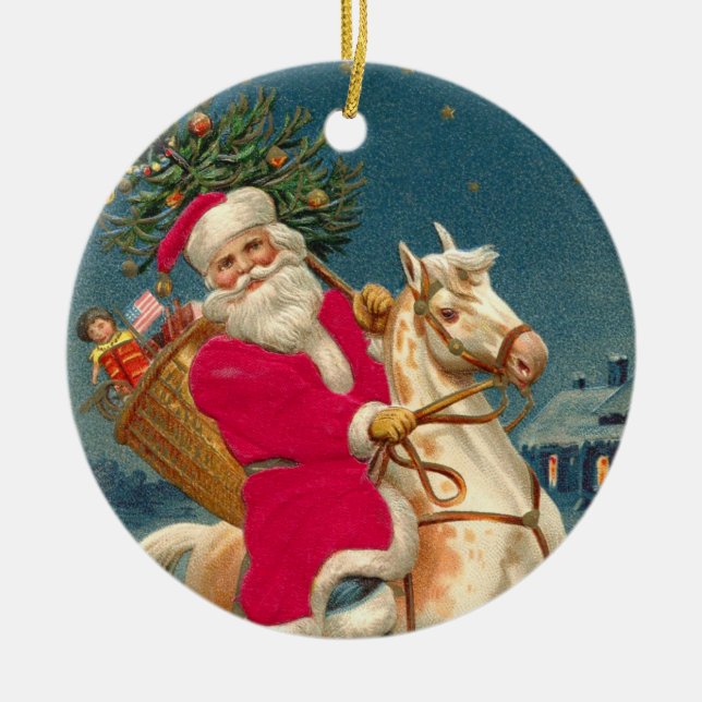 Adorno De Cerámica Santa Claus on a wooden horse (Frente)