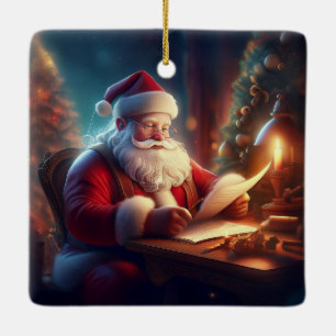Adorno De Cerámica Santa Claus revisando las cartas de la lista de de