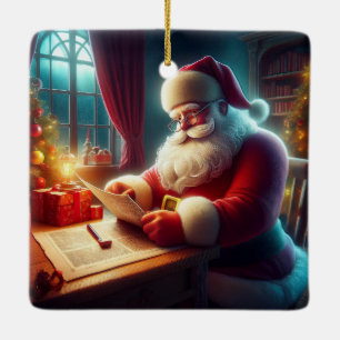 Adorno De Cerámica Santa Claus revisando las cartas de la lista de de