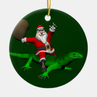 Adorno De Cerámica Santa Claus Riding Green Lizard