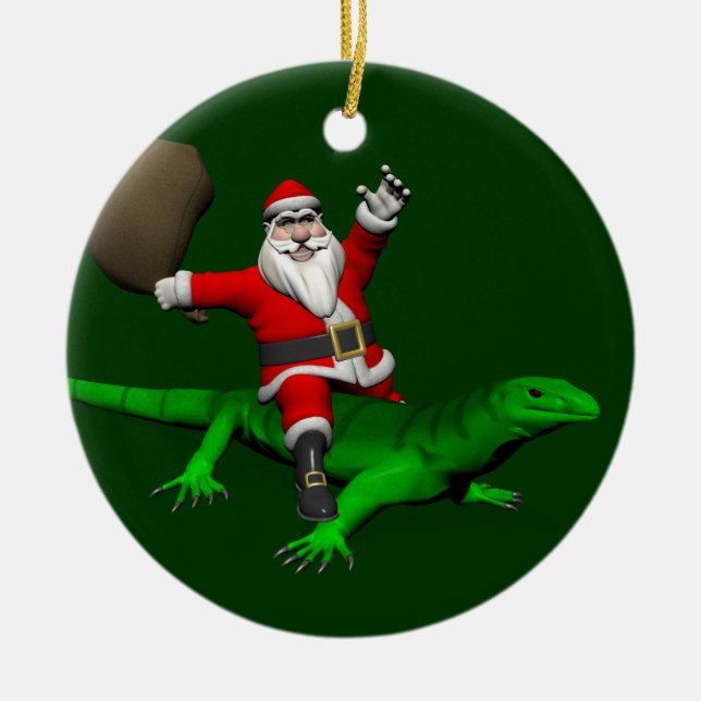Adorno De Cerámica Santa Claus Riding Green Lizard (Frente)