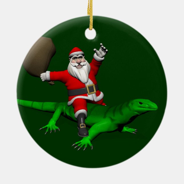 Adorno De Cerámica Santa Claus Riding Green Lizard (Atrás)