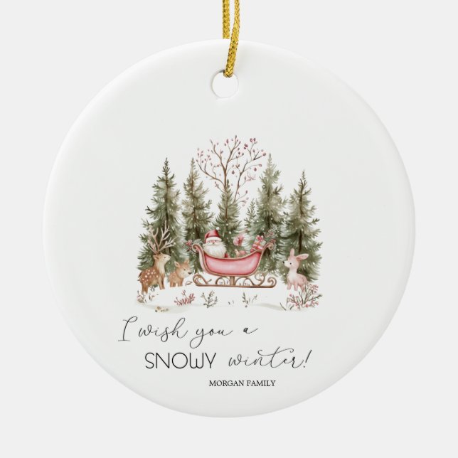 Adorno De Cerámica Santa Claus, Sleigh, presenta Navidades forestales (Frente)