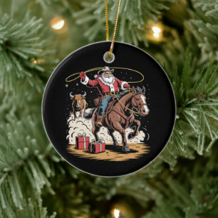 Adorno De Cerámica Santa Claus Vaquero Navidad Vintage Caballo Vaca 