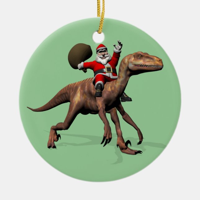 Adorno De Cerámica Santa Claus Viajando En Deinonychus (Frente)