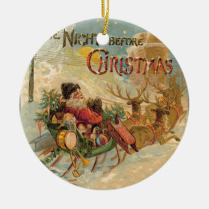 Adorno De Cerámica Santa Claus vintage en su trineo de renos