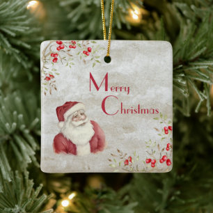 Adorno De Cerámica Santa Claus Watercolor Invierno Berries Red Vintag