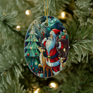 Adorno De Cerámica Santa Claus y sus renos con regalos