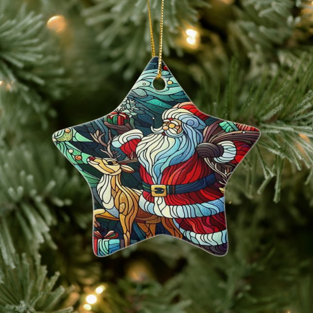 Adorno De Cerámica Santa Claus y sus renos con regalos (Árbol)