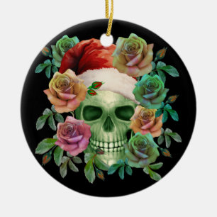 ADORNO DE CERÁMICA SANTA DIVERTIDO CALAVERA VERDE Y FLORAL DE NAVIDAD