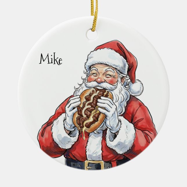 Adorno De Cerámica Santa eating Philly Cheesesteak Ceramic Ornament (Frente)