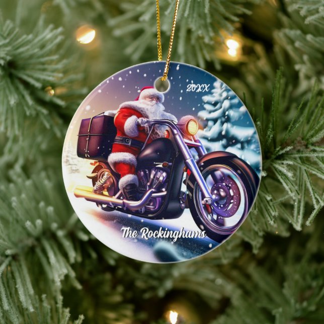 Adorno De Cerámica Santa en motocicleta en la nieve (Árbol)