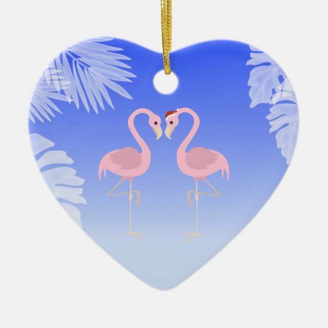 Adorno De Cerámica Santa Flamingo Beach Love Christmas Ornament (Frente)