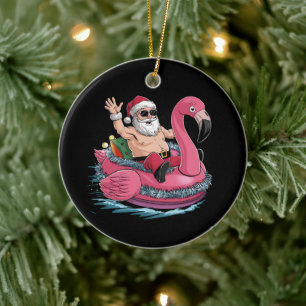 Adorno De Cerámica Santa Flamingo Flotador Navidad En Julio Verano