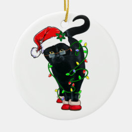 Adorno De Cerámica Santa Gato Negro Enfrentado En Luces Navidades