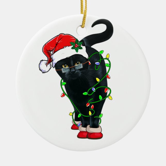 Adorno De Cerámica Santa Gato Negro Enfrentado En Luces Navidades (Frente)