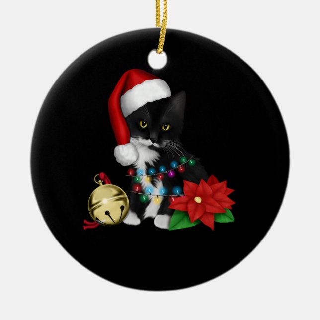 Adorno De Cerámica Santa Gato Negro Enfrentado En Luces Navidades (Frente)