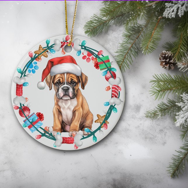 Adorno De Cerámica Santa Hat Boxer Puppy Bone Wreath (Subido por el creador)