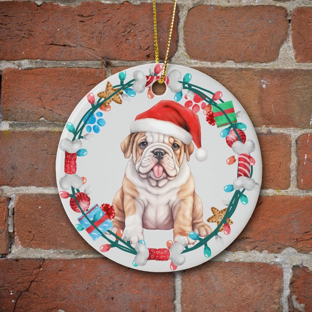 Adorno De Cerámica Santa Hat Bulldog Cuppy Bone Wreath (Subido por el creador)