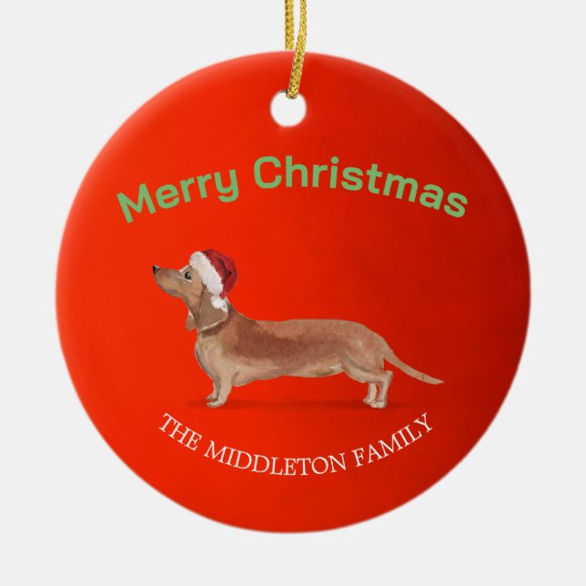 Adorno De Cerámica Santa Hat Dog Tan Dachshund Red Merry Navidad (Frente)