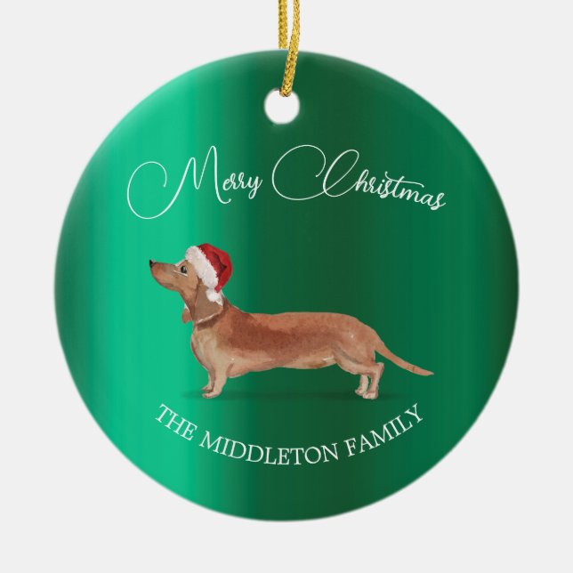 Adorno De Cerámica Santa Hat Dog Tan Dachshund Verde Feliz Navidad (Frente)