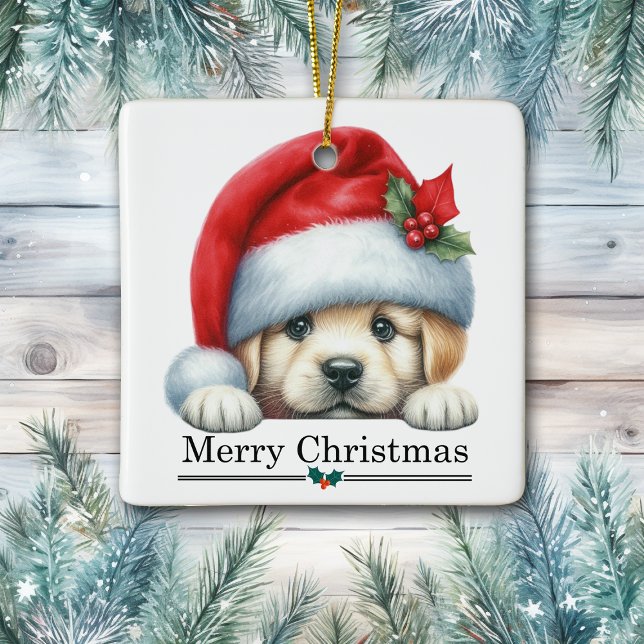 Adorno De Cerámica Santa Hat Golden Retriever Puppy Merry Christmas (Subido por el creador)