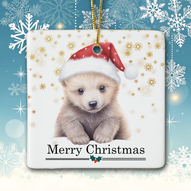 Adorno De Cerámica Santa Hat Polar Bear Cub Merry Christmas (Subido por el creador)
