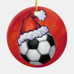 Adorno De Cerámica Santa Hat Soccer Ball en rojo