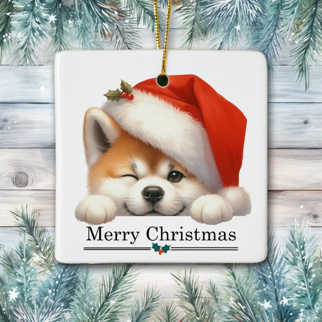 Adorno De Cerámica Santa Hat Winking Akita Puppy Merry Christmas (Subido por el creador)