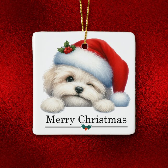 Adorno De Cerámica Santa Hat Winking Havanese Puppy Christmas (Subido por el creador)